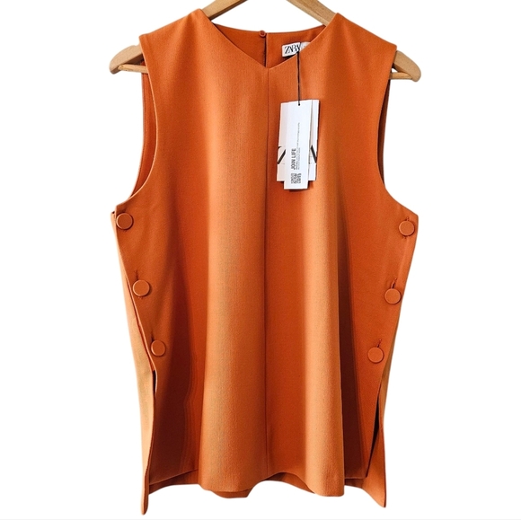 NWT Zara Sleeveless Button Orange Top Vest Casual Women's Size Medium - Picture 7 of 16